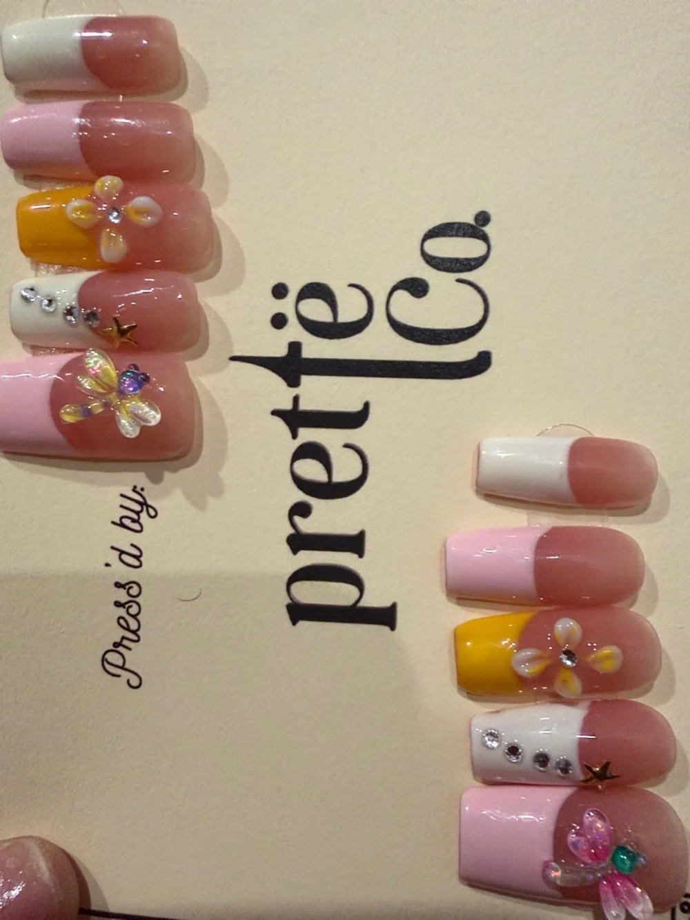 Pink, White & Yellow Floral handmade acrylic Press-On Nail Set